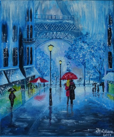 Painting titled "Rain in Paris" by Lina Hristova, Original Artwork, Oil