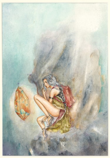 Painting titled "dame de cristal" by Helene Rejembeau, Original Artwork, Watercolor Mounted on Cardboard