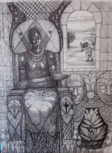 Tekening getiteld "Queen of Hearts" door Olfus, Origineel Kunstwerk, Inkt