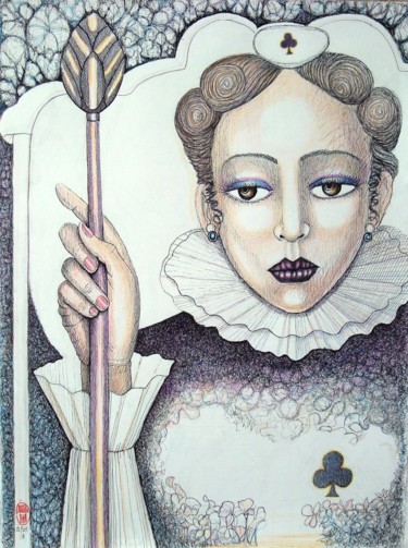 Drawing titled "Queen of Clubs" by Olfus, Original Artwork, Ink