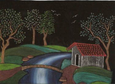 Painting titled "house near river ve…" by Gunaroopam Raja, Original Artwork