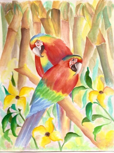 Painting titled "parrots water color" by Gunaroopam Raja, Original Artwork