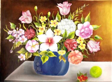Painting titled "blue flower vase -o…" by Gunaroopam Raja, Original Artwork