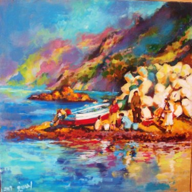 Peinture intitulée "petit port de Chmaa…" par Hsinou Hadouten, Œuvre d'art originale, Huile