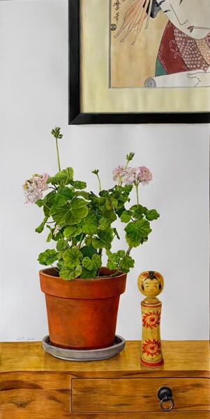 Pittura intitolato "Géranium" da Hsuanchih Lee, Opera d'arte originale, Matita Montato su Pannello di legno