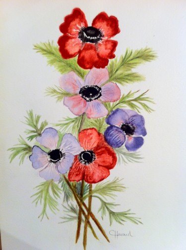 Peinture intitulée "ANEMONES un bouquet…" par Catherine Huard, Œuvre d'art originale, Aquarelle