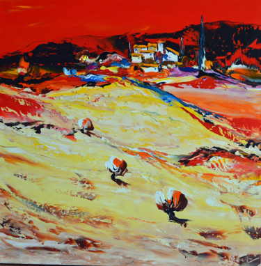 Peinture intitulée "hameau-au-ciel-roug…" par Hubert, Œuvre d'art originale, Huile