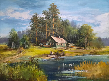 Картина под названием "Домик у пруда" - Александр Леднев, Подлинное произведение искусства, Масло