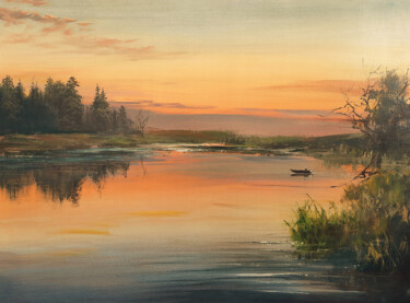 Painting titled "Рассвет.На рыбалку" by Aleksandr Lednev, Original Artwork, Oil