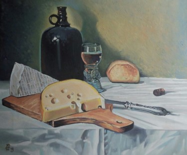 Malerei mit dem Titel "Cheese & wine" von Aleksandr Rogaliov, Original-Kunstwerk, Öl