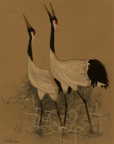 Dessin intitulée "Grues du Japon" par Hugo Bartoli, Œuvre d'art originale, Fusain