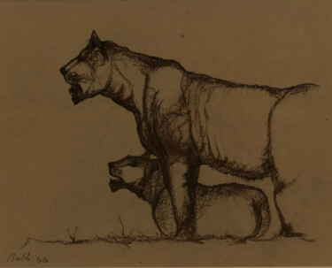 Рисунок под названием "Lionne et son lionc…" - Hugo Bartoli, Подлинное произведение искусства, Пастель