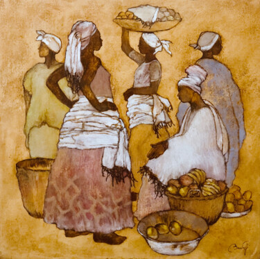 Painting titled "Marché africain" by Hugo Bartoli, Original Artwork, Oil Mounted on Wood Stretcher frame