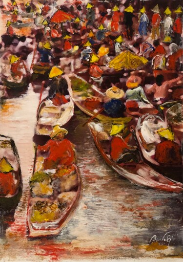 Painting titled "Marché flottant vie…" by Hugo Bartoli, Original Artwork, Oil