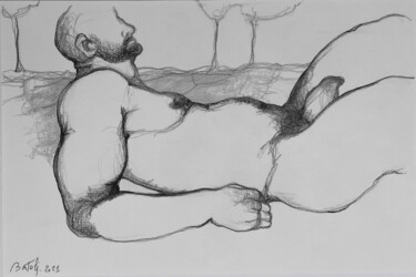 Desenho intitulada "Sun bathing in the…" por Hugo Bartoli, Obras de arte originais, Carvão