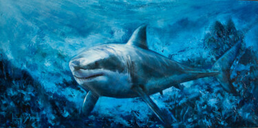 Peinture intitulée "Grand requin blanc…" par Hugo Biebrach, Œuvre d'art originale, Huile Monté sur Châssis en bois