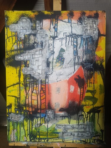 Pintura titulada "Casa y lluvia" por Hugo Casallo, Obra de arte original, Acrílico