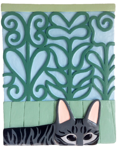 Escultura intitulada "Lá está o gato, à j…" por Hugo Castilho, Obras de arte originais, Gesso Montado em Armação em madeira