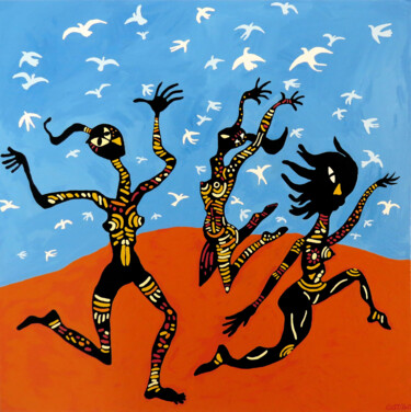 Painting titled "A dança" by Hugo Castilho, Original Artwork, Enamel Mounted on Wood Stretcher frame