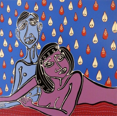 Painting titled "Um casal na cama" by Hugo Castilho, Original Artwork, Enamel Mounted on Wood Stretcher frame