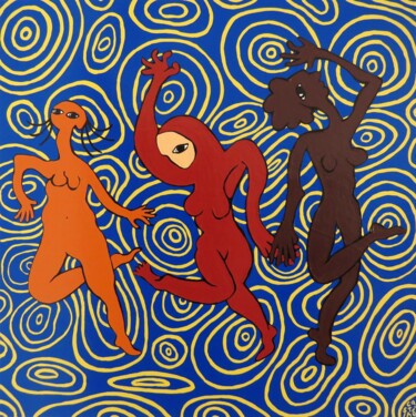 Schilderij getiteld "Três mulheres a dan…" door Hugo Castilho, Origineel Kunstwerk, Glazuur Gemonteerd op Frame voor houten…