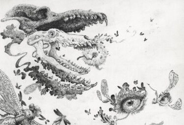 Σχέδιο με τίτλο "Jaws and flies" από Hugo Simon, Αυθεντικά έργα τέχνης, Μελάνι Τοποθετήθηκε στο Χαρτόνι