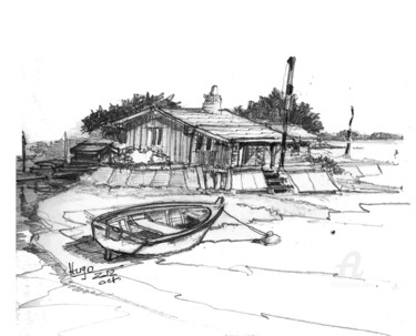 Dessin intitulée "Cap ferret la caban…" par Hugues Bret, Œuvre d'art originale, Crayon