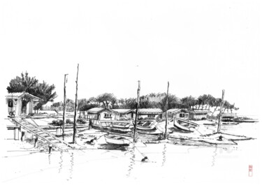 Dessin intitulée "Le port de Pirailla…" par Hugues Bret, Œuvre d'art originale, Crayon