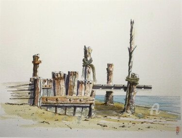 Painting titled "Le ponton Bassin Ar…" by Hugues Bret, Original Artwork, Watercolor Mounted on Cardboard