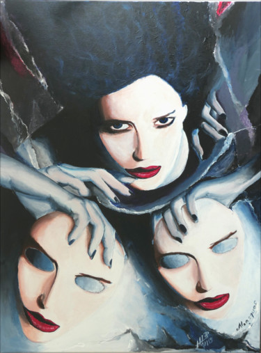 Картина под названием "Masques 2" - Hugues Elbe, Подлинное произведение искусства, Акрил Установлен на Деревянная рама для н…