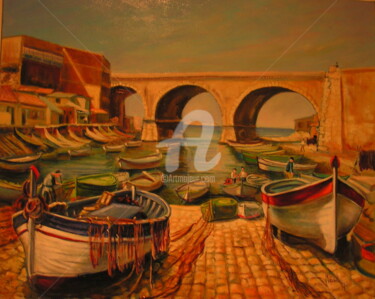 Painting titled "LE PONT" by Hugues Mardelle, Original Artwork, Oil