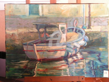 Schilderij getiteld "BATEAU DANS LE PORT…" door Hugues Mardelle, Origineel Kunstwerk