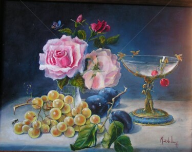 Schilderij getiteld "ROSES A LA COUPE" door Hugues Mardelle, Origineel Kunstwerk, Olie
