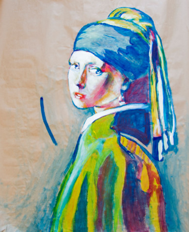 Malerei mit dem Titel "Girl with a Pearl E…" von Hugues Poirier, Original-Kunstwerk, Acryl