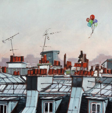 Peinture intitulée "Ballons par dessus…" par Hugues Renck, Œuvre d'art originale, Huile