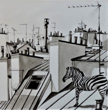 Dessin intitulée "Zèbre, antennes et…" par Hugues Renck, Œuvre d'art originale, Encre
