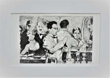 Gravures & estampes intitulée "Derrière le comptoir" par Hugues Renck, Œuvre d'art originale, Monotype Monté sur Carton