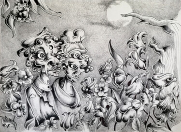 Рисунок под названием "L'île aux fleurs" - Hugues Wartelle, Подлинное произведение искусства, Карандаш