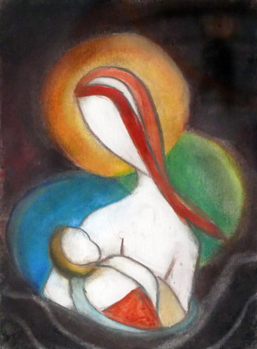 Dessin intitulée "vierge et enfant" par Hugues Boucry, Œuvre d'art originale, Pastel