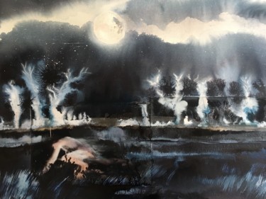 Painting titled "vision nocturne" by Hugues Breton, Original Artwork, Watercolor