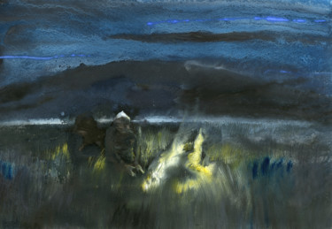 Painting titled "Nuit dans la steppe" by Hugues Breton, Original Artwork, Watercolor