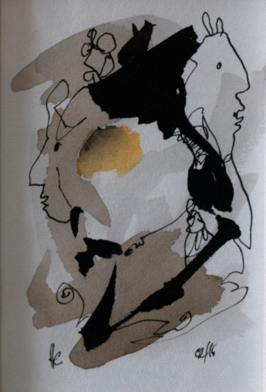 제목이 "A l'ecoute 12x8cm"인 미술작품 Hugues Chamagne로, 원작, 잉크