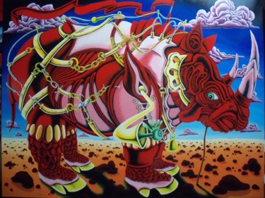 Peinture intitulée "l'hippopotame rouge…" par Hugues Picherit, Œuvre d'art originale