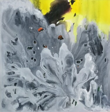 Schilderij getiteld "Grayscale- yellow 2" door Hui Li, Origineel Kunstwerk, Acryl Gemonteerd op Frame voor houten brancard