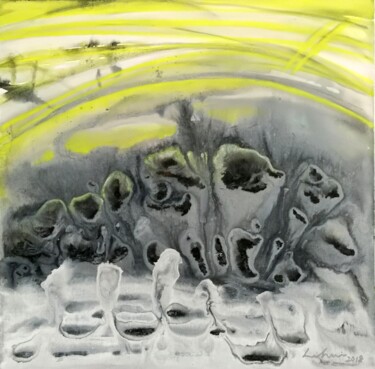 Painting titled "Grayscale- yellow 3" by Hui Li, Original Artwork, Acrylic Mounted on Wood Stretcher frame