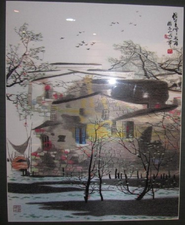 Artisanat intitulée "water-village.jpg" par Huifen Yao, Œuvre d'art originale