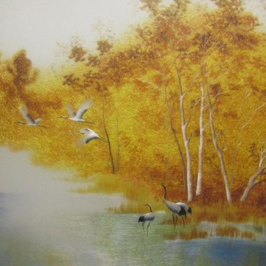 Ζωγραφική με τίτλο "Maple and cranes" από Huifen Yao, Αυθεντικά έργα τέχνης, Άλλος