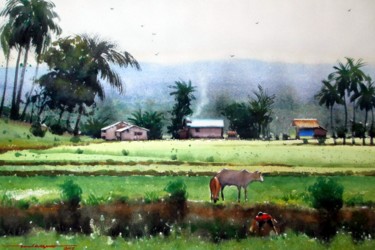 Painting titled ""Tabok Sa Suba"" by Gieward Hulagno, Original Artwork, Watercolor