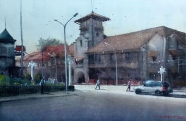 Schilderij getiteld ""Asia's Latin City:…" door Gieward Hulagno, Origineel Kunstwerk, Aquarel