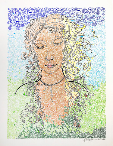 Drawing titled "Woman lines colour" by Humberto Cesar Pornaro, Original Artwork, Ballpoint pen